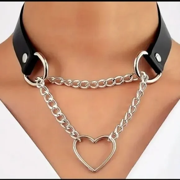 Chain Choker Collar, Heart Shaped Choker Necklace, S Choker, Gothic Chain Choker - Picture 2 of 12